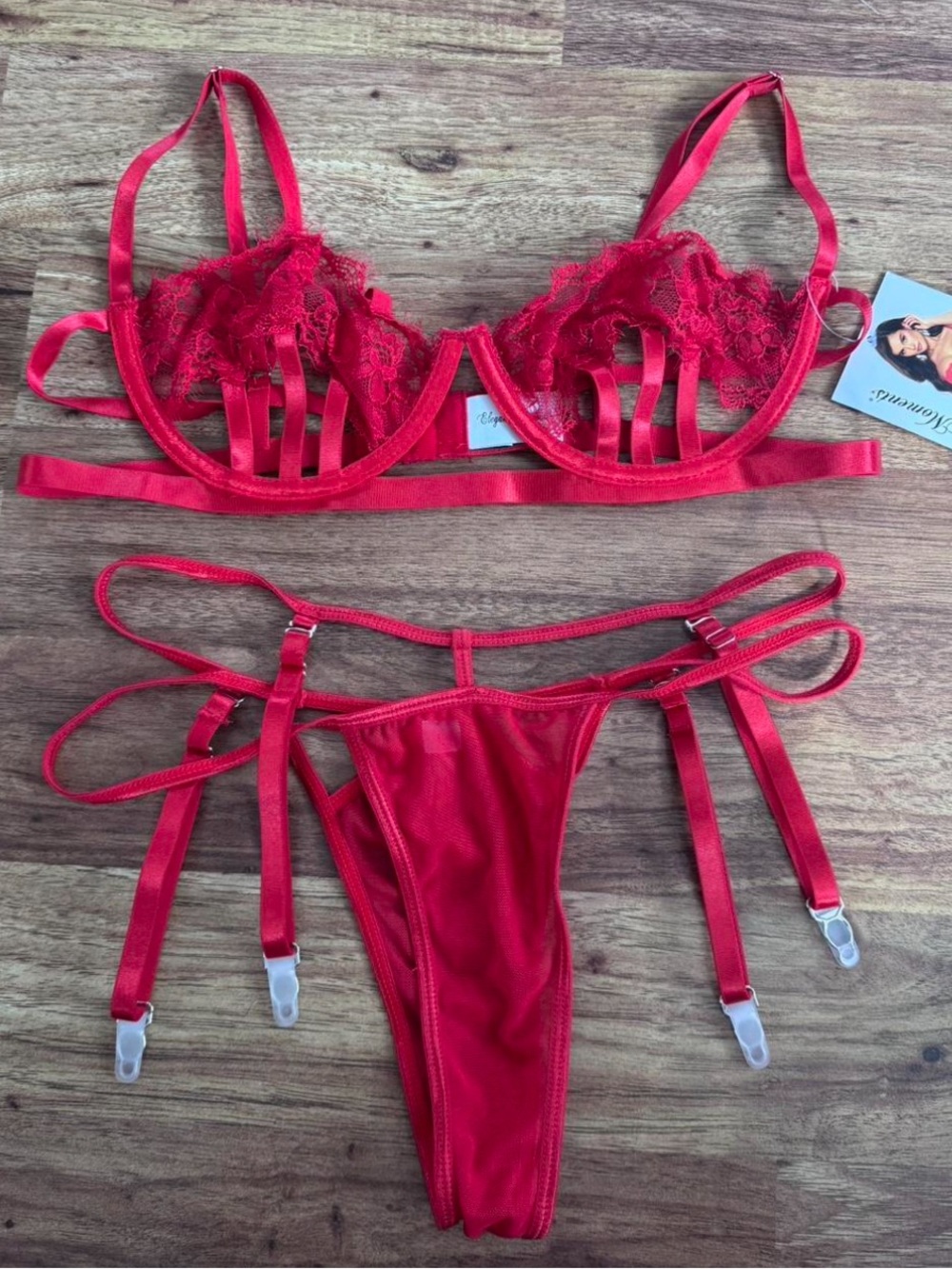 Elegant Moments Red Lace Strappy Bra & Garter Thong Set
